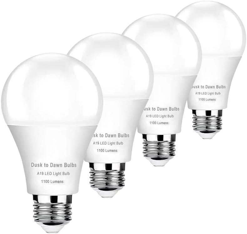 4-Pack Dusk to Dawn Light Bulbs Outdoor 75 Watt Equivalent, Automatic On/Off Sensor LED Bulb, 10W Daylight 5000K,1100 Lumen, A19 E26 Bulbs Photocell for Wall lamp Porch Garage Yard Light(Non-dimmable) - Product Image