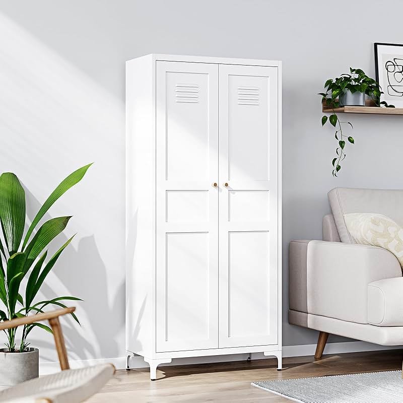 Yizosh Metal Storage Cabinet with 2 Doors and 4 Adjustable Shelves - 61" White Kitchen Pantry Storage 5-Tier Tall Steel Cabinets Locker for Kitchen, Living Room, Dining Room - Product Image