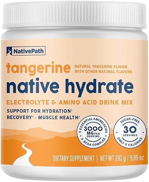NativePath Hydrate Electrolytes Powder – Zero Sugar Drink Mix with 2,000mg BCAAs, 14 Vitamins & Minerals – Tangerine Keto Hydration for Energy & Recovery, 30 Servings - Product Image