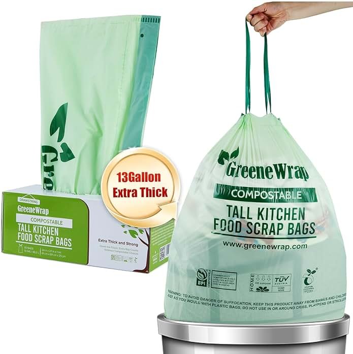 GreeneWrap 13 Gallon Compostable Trash Bags with Drawstring, 30 Count, 1 Mil, Tall Kitchen Food Scrap Compost Bags, BPI Certified, ASTM D6400, Compostable Garbage Bags, Unscented, 13 Gal - Product Image