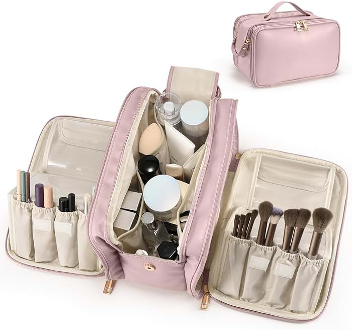Travel Makeup Bag Women's Large Capacity Cosmetic Portable Organizer Large Opening Waterproof Storage Toiletry Bags Vertical Free-Standing Brush Holder for Easy Access Pink - Product Image