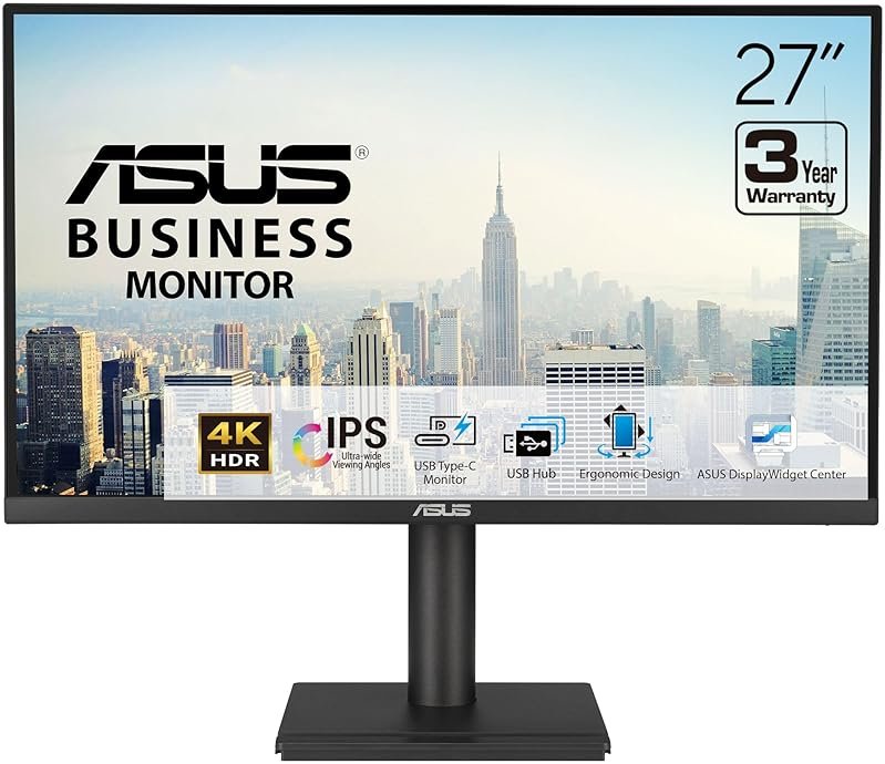 ASUS 27” 4K Business Monitor (VA27UCPS) - UHD (3840 x 2160), IPS, 99% sRGB, HDR-10, USB-C PD65W, USB Hub, Speakers, Eye Care, Ergonomic, VESA Wall Mountable, Green Sustainability, 3 yr Warranty - Product Image