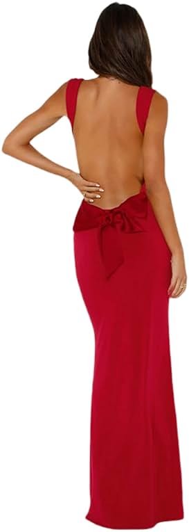 RARITYUS Women’s Elegant Satin Bow Maxi Dress Sexy Cowl Neck Backless Wedding Guest Dress Cocktail Party Evening Gown - Product Image