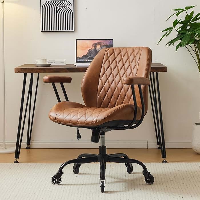 YFO Home Office Desk Chair Office Rubber Casters Ergonomic Computer Chair with Lumbar Support Adjustable Height Rolling Swivel Executive Task Armrests Chair， Brown Leather - Product Image