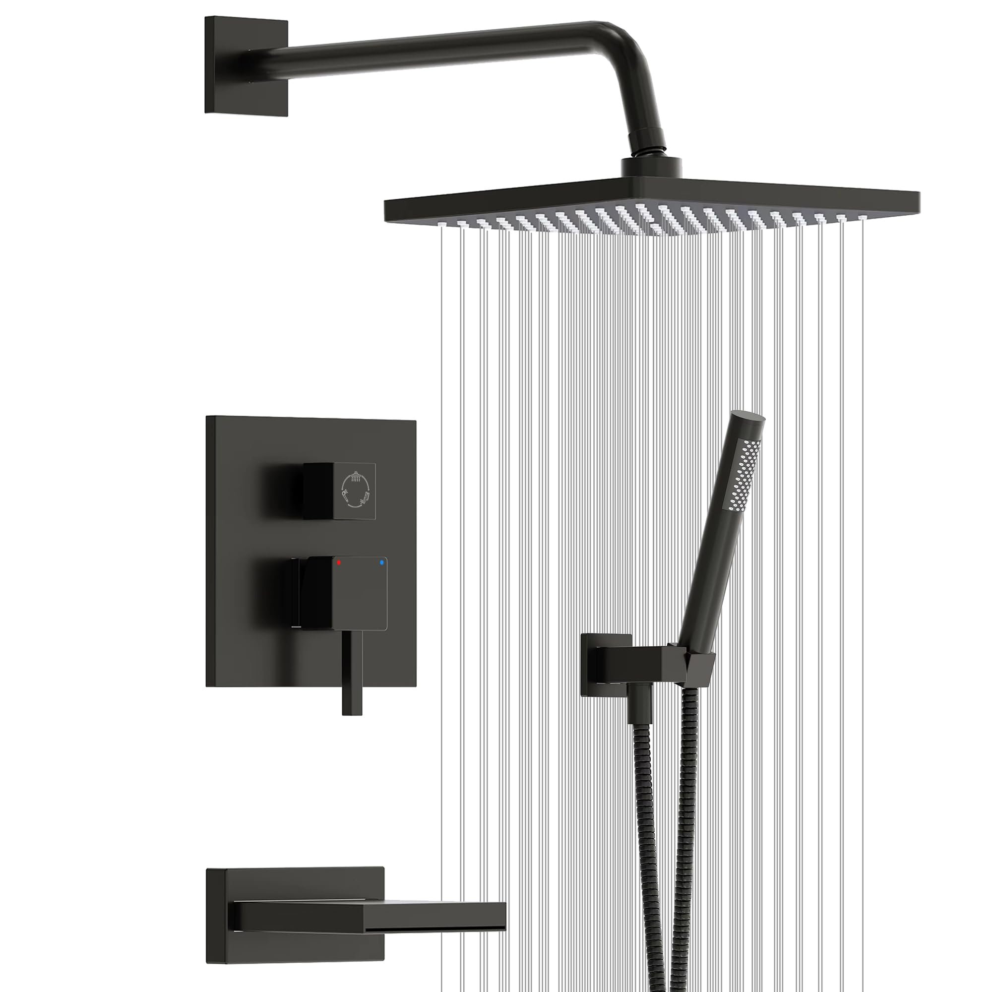 Esnbia Shower System with Tub Spout,Black Bathtub Shower Faucet Set,10 Inches Rain Shower Heads with Handheld Spary Combo, Tub Shower Kit with 3-Way Shower Valve, Matte Black - Product Image