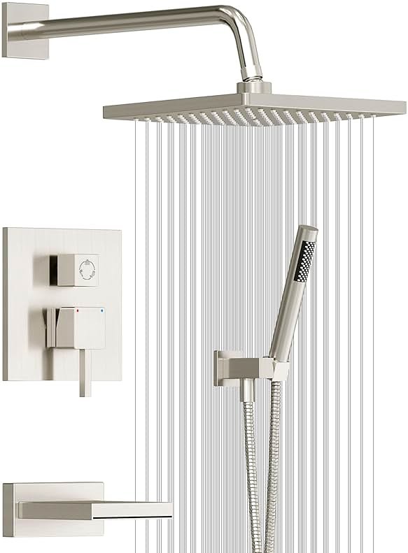 Esnbia Shower System with Tub Spout, Wall Mounted Bathtub Shower Faucet Set, 10 Inch Rain Shower Head and Handheld Shower Head Set, High Pressure Tub Shower Kit with Shower Valve, Brushed Nickel - Product Image