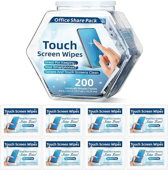 Willinglong 200 Pack Touch Screen Wipes Pre Moistened Lens Computer Electronic Screen Wipes Individually for Monitors with 1 Clear Plastic Bottle for Glasses Smartphone Screens - Product Image