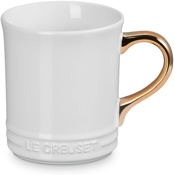 Le Creuset Stoneware Vancouver Mug with Gold Metallic Handle, 14 oz., White - Product Image