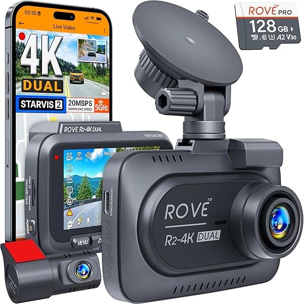 ROVE R2-4K DUAL Dash Cam Front and Rear, STARVIS 2 Sensor, FREE 128GB Card Included, 5G WiFi - up to 20MB/s Fastest Download Speed with App, 4K 2160P/FHD Dash Camera for Cars, 3" IPS, 24H Parking Mode - Product Image