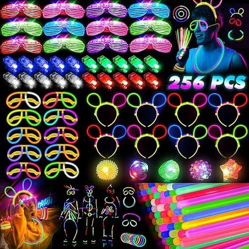 HONLYNE Glow in the Dark Supplies for Kids Adults, Light Up Party Favors, 56 LED Light Up Toys, 100 Glow Sticks Bulk Party Pack DIY Glasses Headbands Necklaces for Neon Party Supplies & Decorations - Product Image