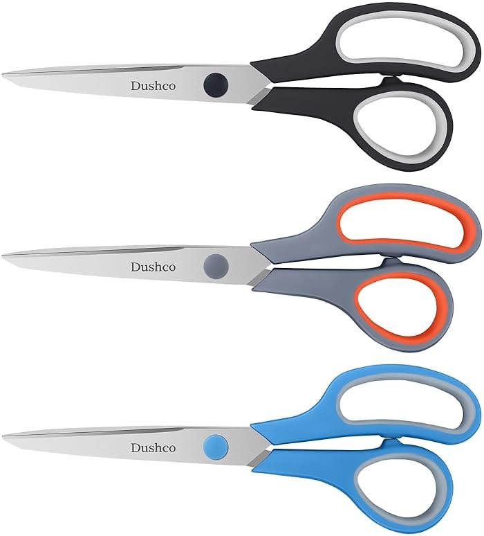 Scissors, Dushco 8.5 Inch Multipurpose Scissors Bulk Set of 3 Pack, Ultra Sharp 2.5mm Thick Scissor for Office Home School Sewing Fabric Craft Supplies, Soft Comfort-Grip Right/Left Hand - Product Image
