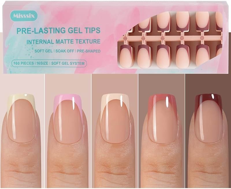 Misssix French Gel Press on Fake Nail Tips, Short Square, No Need to File, Pre-lasting for Nail Art DIY 16 Sizes Multicolor 160Pcs - Product Image