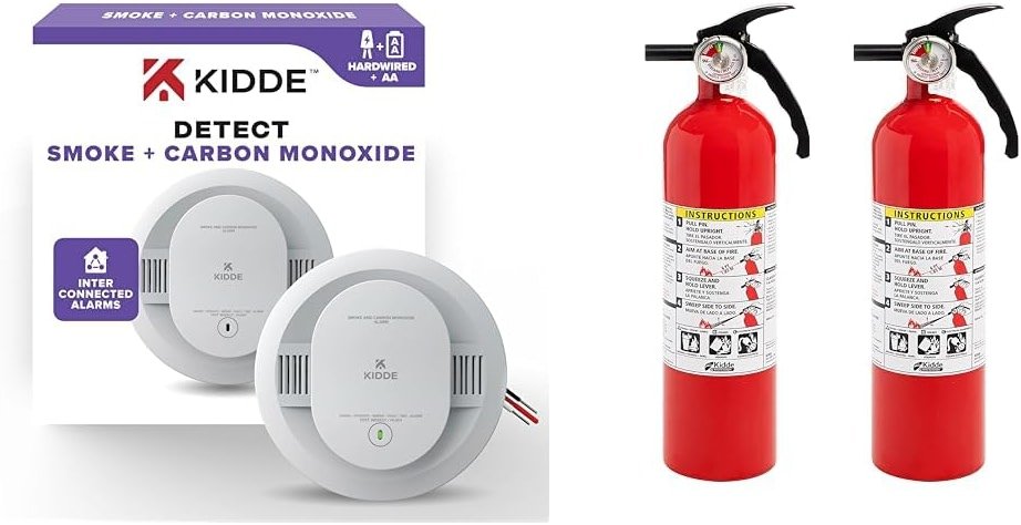 Kidde Smoke Detector with LED Indicators, Fire Extinguisher for Home 1-A:10-B:C Dry Chemical Extinguisher 2 Pack - Product Image