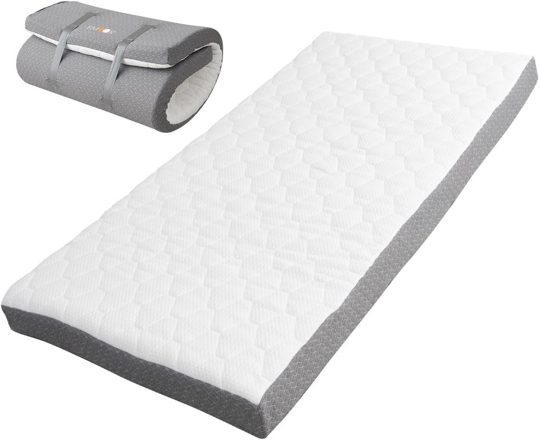 EMOOR Japanese Futon Mattress Roll-Type Relax-2 Small-Twin, High-Resilience Removable & Washable Cover Guest use Tatami Floor Sleeping Space-Saving Minimalist - Product Image