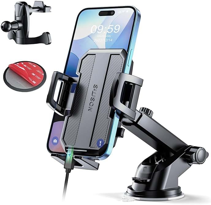 SUUSON Upgraded 3-in-1 Car Phone Holder Mount [Powerful Suction] Phone Mount for Car Dashboard Air Vent Windshield,for All iPhone Android Phone (Black) - Product Image