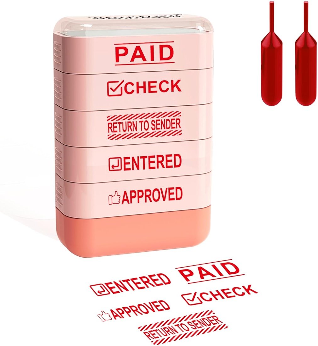 Building Blocks Office Stamps 5-Layer Stacked Office Stamps - Business Refillable Self Inking Stamp with Copy, Faxed, Received, Scanned, and Completed Stamps(2 Refill Ink Included) (red) - Product Image