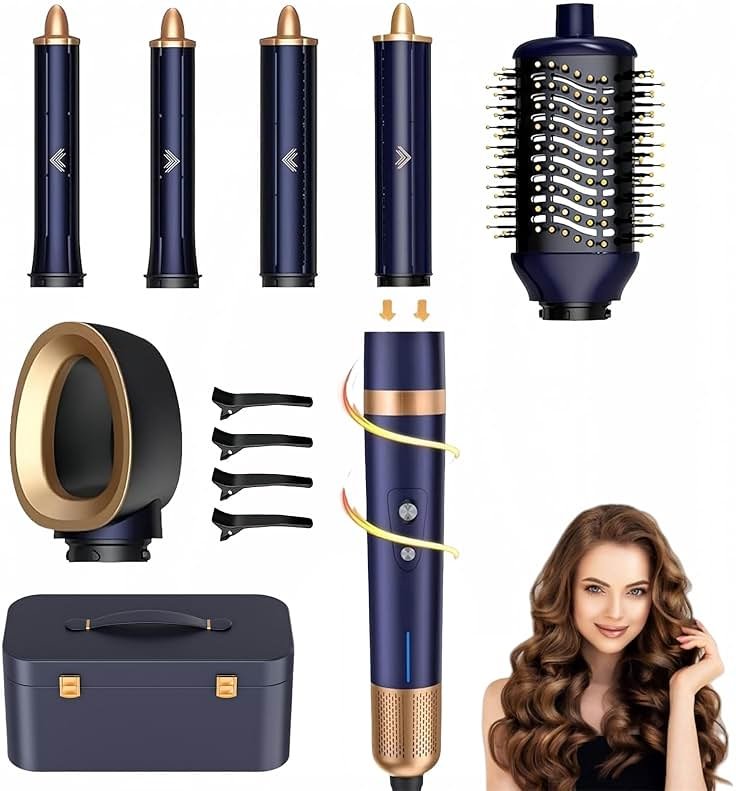 T-GOGO Hair Dryer Brush Professional: 6 in 1 Hot Air Hair Styler & Dryer Set, Powerful Hair Air Curling Iron High-Speed Negative Ionic Blow Dryer, Auto-Wrap, No Heat Damage (Dark Blue) - Product Image