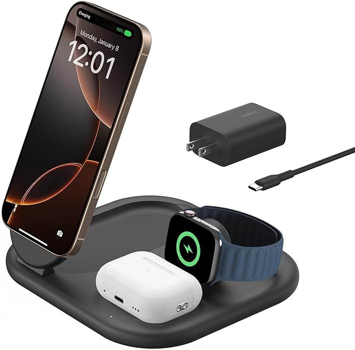 Belkin 3-in-1 MagSafe-Compatible iPhone Charger - Foldable Magnetic Qi2 Certified, MagSafe Charging Station for Phone, Apple Watch, AirPods - Wireless for Multiple Devices - Product Image