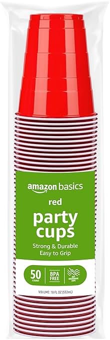 Amazon Basics Sturdy Disposable Plastic Party Cups for Cold Drinks, Red, 18oz, 50 Count, BPA-Free - Product Image