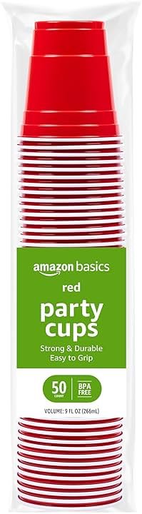 Amazon Basics Small Disposable Red Plastic Party Cups, BPA-Free, 9oz, 50 Count - Product Image