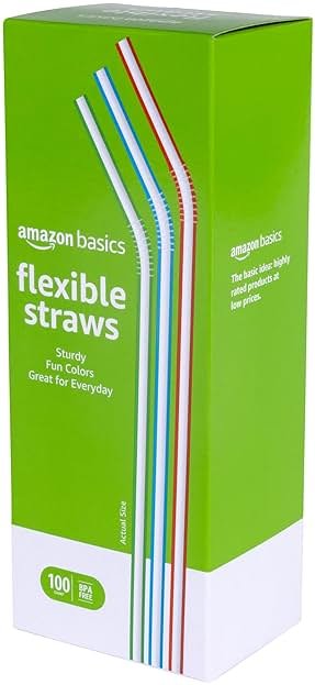 Amazon Basics Disposable Striped Plastic Flex Straws, BPA Free, Food-Safe, 7.5" Long, Assorted Colors, 100 Count - Product Image