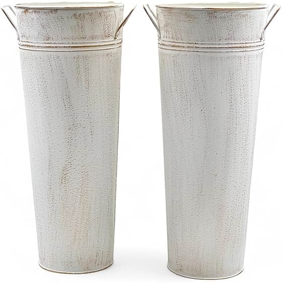 Hosley Set of 2 White Metal French Bucket with Handles & PVC Liner, 6" Dia x 15" H for Weddings, Parties, Country Picnics, Floral Arrangements, Tableware Storage, or Gardens - Rustic Farmhouse Décor - Product Image
