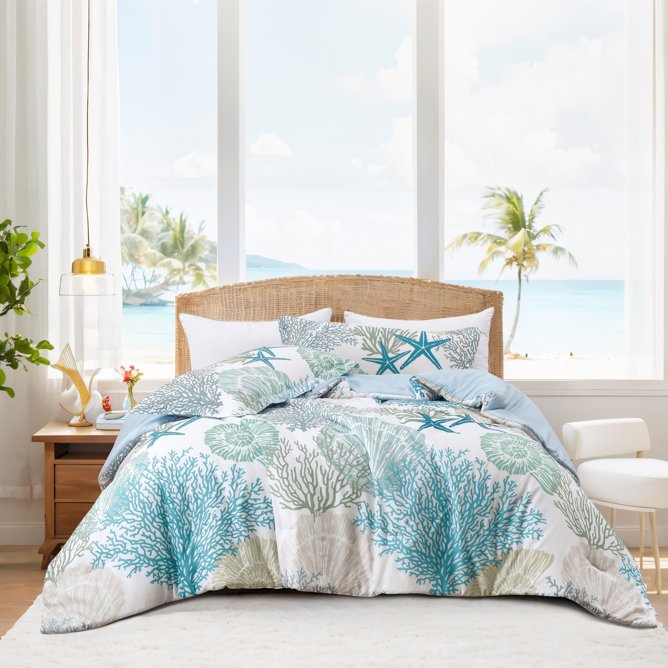 Tritard Coastal Comforter Set Queen Size 3 Piece, Soft Beach Themed Comforter, Ocean Nautical Lightweight Bedding Sets for All Seasons, (1 Reversible Comforter and 2 Pillow Shams), 90''x90'', C1 - Product Image