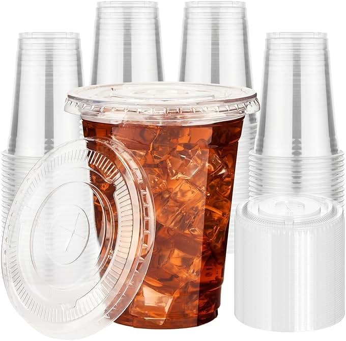 YEEHAW 16 oz 100 Pack Disposable Iced Coffee Cups with Lids, Clear Plastic Cups with Lids, Cold Crystal Drink Cup for Party - Product Image