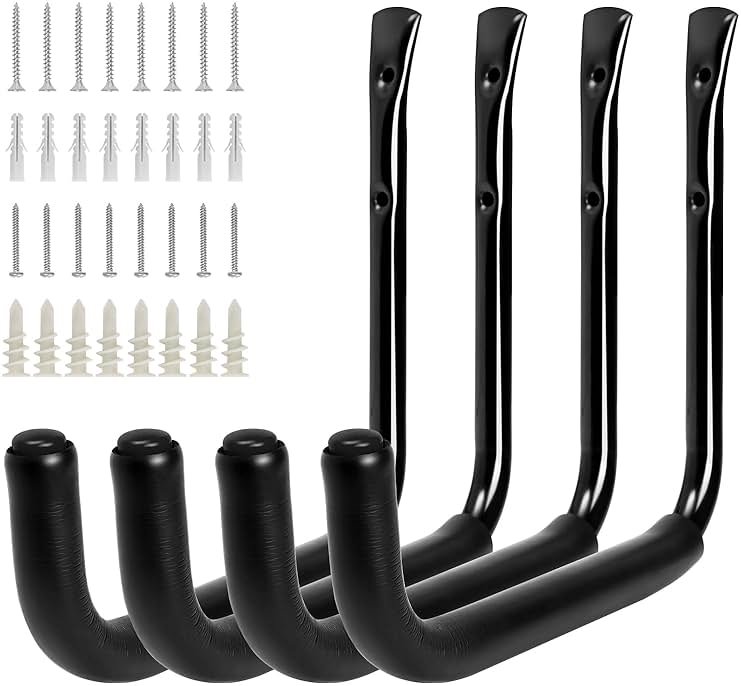 KURUI 10" Garage Organization Wall Hooks, 66 LB Heavy Duty Water Hose Holder for Hanging Ladder Extension Cord Garden Tool Cable, 4 Pcs, Black - Product Image