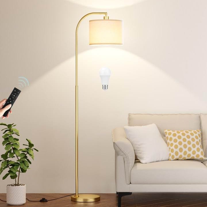 Ambimall Arc Floor Lamp with Remote and Stepless Dimmable Bulb, Colors Temperature & Brightness Adjustable, Gold Floor Lamps for Living Room（Deep Beige Shade & Gold Pole） - Product Image