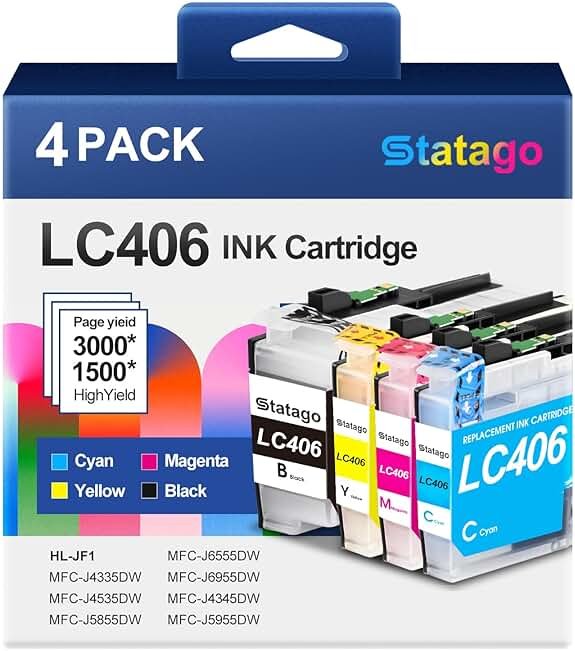 Statago LC406 Ink Cartridges for Brother Printer for Brother LC406 LC406XL Ink Cartridge Work for MFC-J4535DW MFC-J4345DW MFC-J4335DW MFC-J5855DW MFC-J5955DW MFC-J6555DW MFC-J6955DW Printer (4 Pack) - Product Image