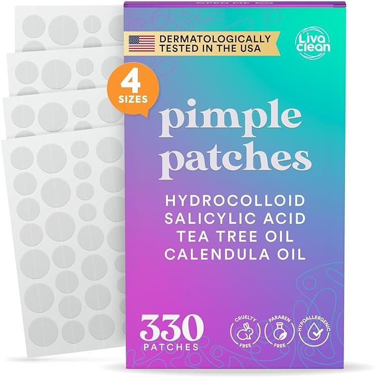 LivaClean 330 CT Pimple Patches for Face w/Salicylic Acid, Tea Tree Oil & Calendula Oil - Four Sizes - Pimple Patch, Hydrocolloid Patch, Acne Patches for Face - Product Image