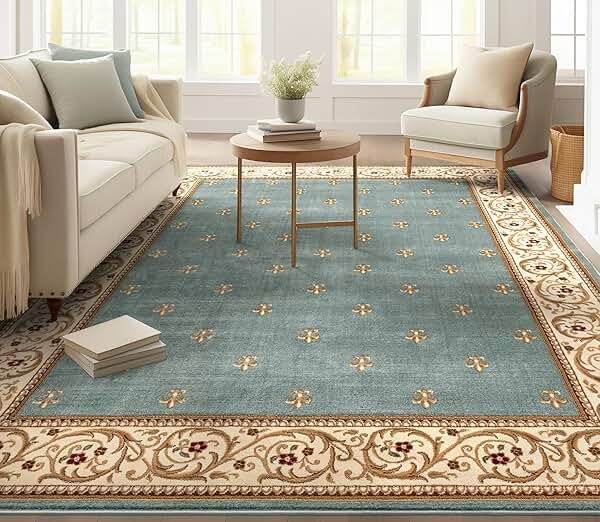 Well Woven Fleur de Lis Elegance Traditional Light Blue 9x13 (9'3" x 12'6") Large Area Rug – 100% Jute Backing, Durable Living Room, Bedroom & Dining Room Large Area Rug - Product Image