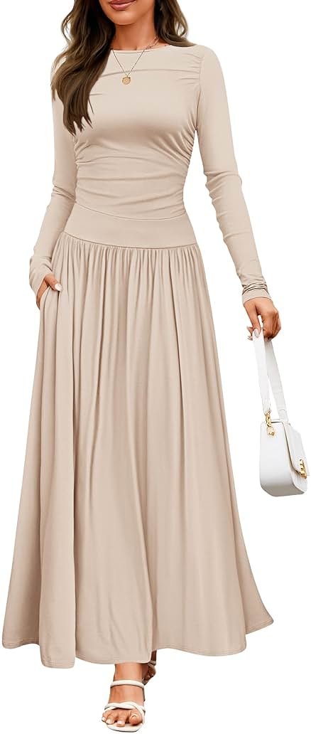ZESICA Women's Long Sleeve Fall Maxi Dress 2026 Crewneck Knit Casual Slim Swing Pleated Dresses with Pockets - Product Image