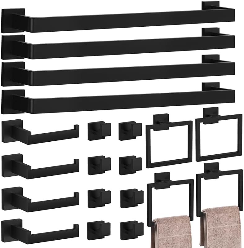 20-Pieces Matte Black Bathroom Accessories Set, 23.6 Inch Bath Towel Bar Set, SUS 304 Stainless Steel Bathroom Hardware Set, Towel Racks for Bathroom Wall Mounted. - Product Image