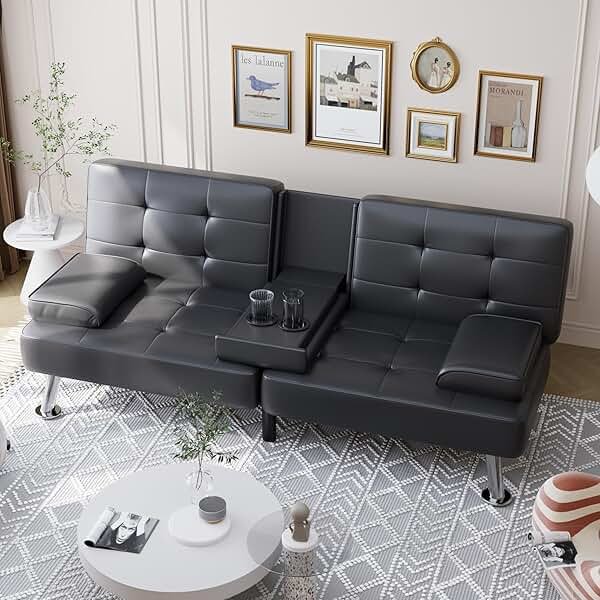 Shahoo Convertible Folding Futon Sofa Bed Sleeper Couch for Living Room Faux Leather Upholstered Loveseat w/Removable Armrests, Metal Legs, 2 Cup Holders, Black - Product Image