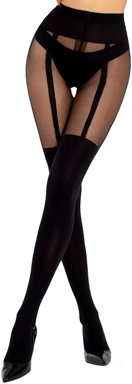 MANZI Mock Suspender Pantyhose for Women Faux Thigh High Stockings Black Over the Knee Goth Sparkly Tights - Product Image