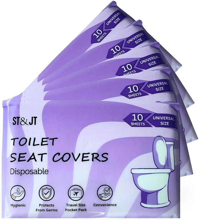 ST&JT Travel Toilet Seat Covers Disposable (100 Pack) – Biodegradable & Flushable Toilet Seat Cover, XL Protection for Adults & Kids – Travel Essential for Public Restrooms, Airplane, Camping. - Product Image