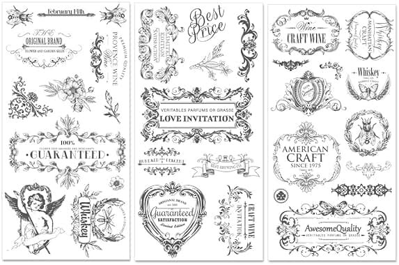 PLIGREAT 3 Sheets Vintage Label Rub on Transfers for Crafts and Furniture, Rub on Transfer Stickers Home Decor Transfer Paper for DIY Wood Furniture Drawer Cabinet Fridge Door Table Chair Decoration - Product Image