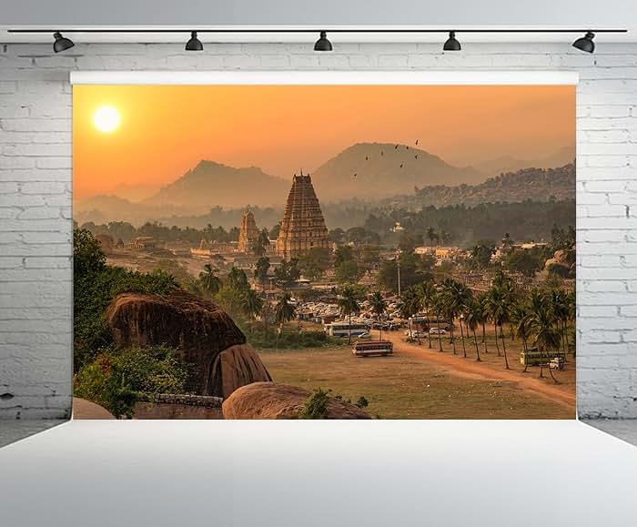 CHNYWORK 7ftx5ft Indian Virupaksha Temple Backdrop Scenic Hampi Landscape and Cityscape at Sunset at Karnataka India Background Hindu Indian Historic Themed Party Decoration Photo Studio Props - Product Image