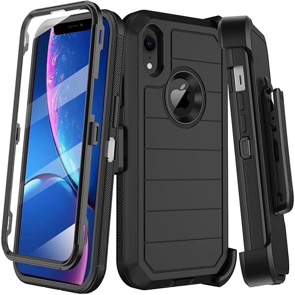 KECAI for iPhone XR Case with Built-in Screen Protector,Belt Clip Holster,Heavy Duty Shockproof Drop Protection Military Grade Rugged Full Body Durable Phone Cover with Kickstand (Black) - Product Image