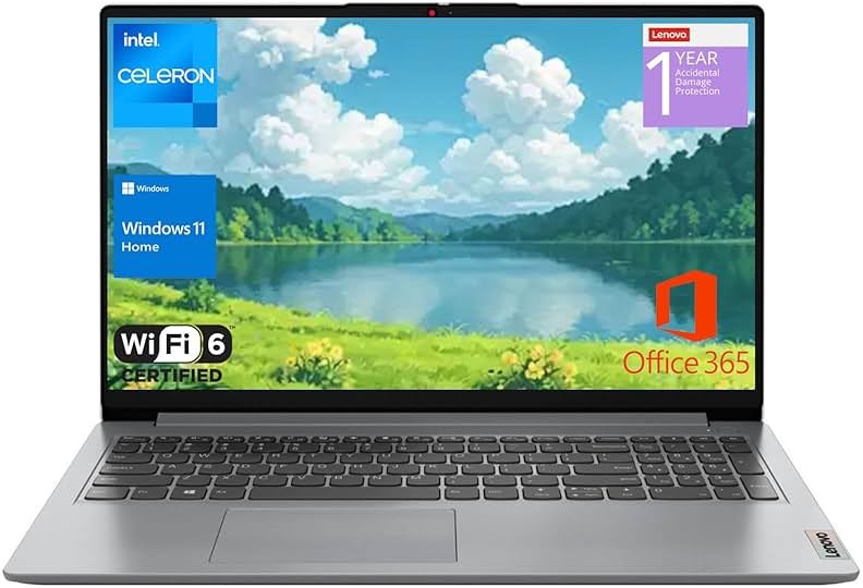 Lenovo IdeaPad 1 Home Laptop, 15.6" FHD Display, Intel Celeron Dual Core Processor, 12GB RAM, 384GB Storage(128GB eMMC + 256GB PCIe), 1 Yr Office 365, Wi-Fi 6, W11H, Additional 1 Yr ADP - Product Image
