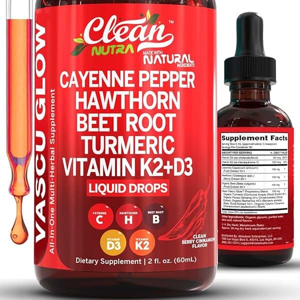 Clean Nutra Cayenne Pepper Drops Supplement Liquid + Hawthorn Berry, Vitamin D3 K2 Beet Root Powder, Ceylon Cinnamon, Turmeric Curcumin, Organic Panax Ginseng, Berberine Extract 1 Pack - Product Image