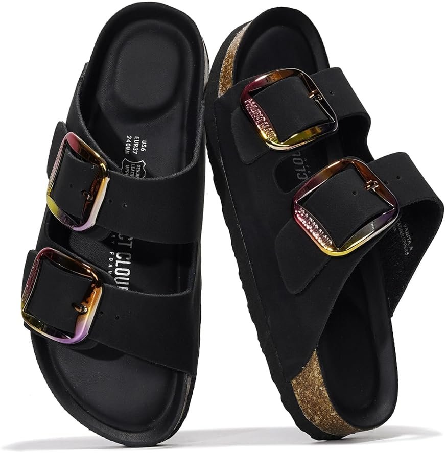 Project Cloud 100% Genuine Leather Flat Sandals for Women 2026 Comfortable Beach Essentials Womens Sandals Memory Foam Vacation Essentials Slides for Women Footwear (Santorini) - Product Image