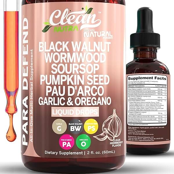 para Defend Wormwood Black Walnut Cleanse for Humans Drops Liquid Soursop Garlic Pumpkin Seed PAU D'Arco Oil of Oregano Turmeric Berberine Neem Extract Hull Bark Tincture by Clean Nutra - Product Image
