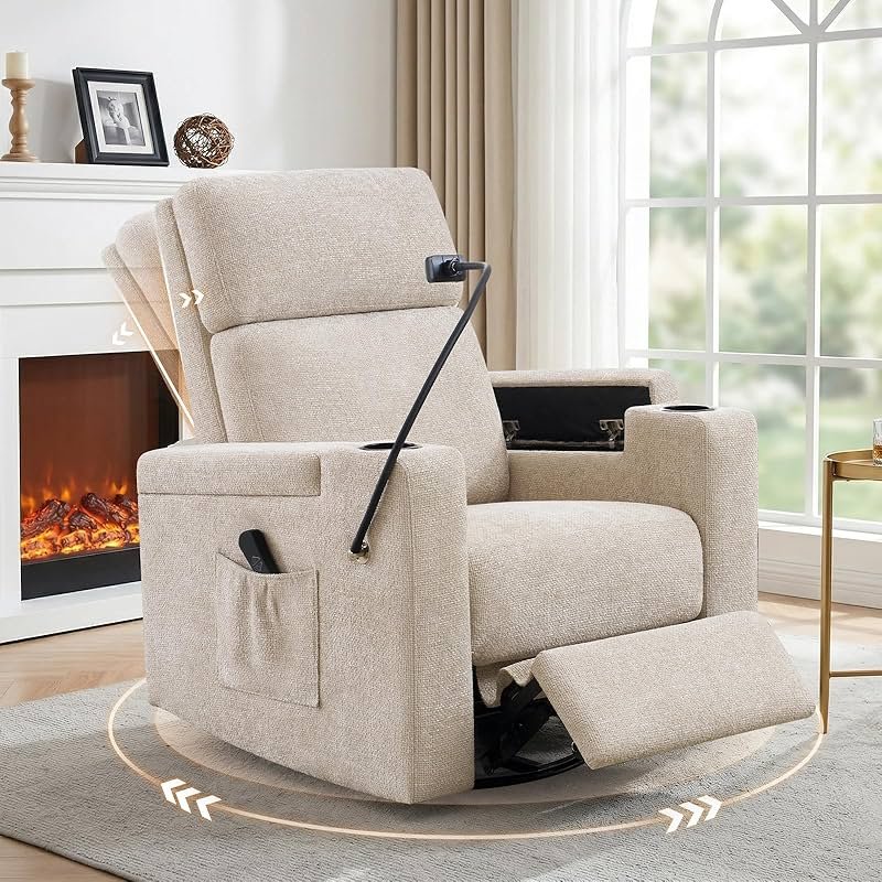ABCASA Power Recliner Rocking Chair Nursery Glider, Swivel Reclining Nursery Rockers for Baby Room & Living Room, Chenille Chair with Phone Holder, USB/Type-C Ports, Arm Storage, Light Brown - Product Image