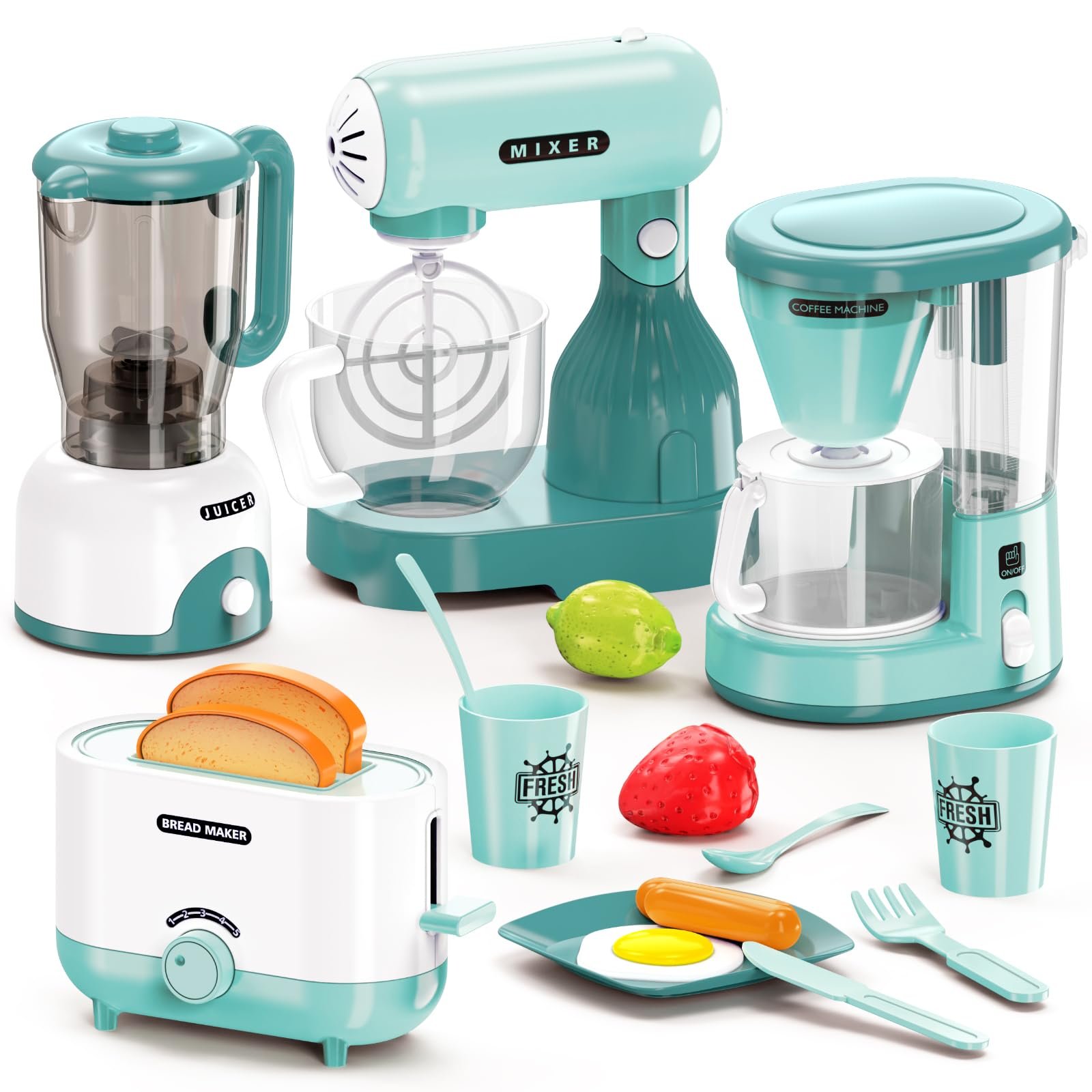 BRIGPICIOUS Kids Play Kitchen Accessories Toys Set, Pretend Play Kitchen Appliances Kit - Blender, Coffee Maker, Mixer, Toasters with Light & Sound, Playhouse Role Play Toy Gift for Girl Ages 3 4 5 6 - Product Image