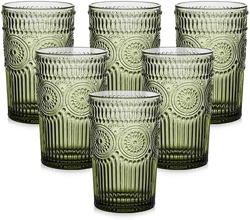 ZMOWIPDL Vintage Glassware Drinking Glasses Set of 6,13 oz Green Textured Flower Design Glass Water Tumblers，Embossed Striped Drinkware for Water,Cocktails,Juice,Iced Coffee - Product Image