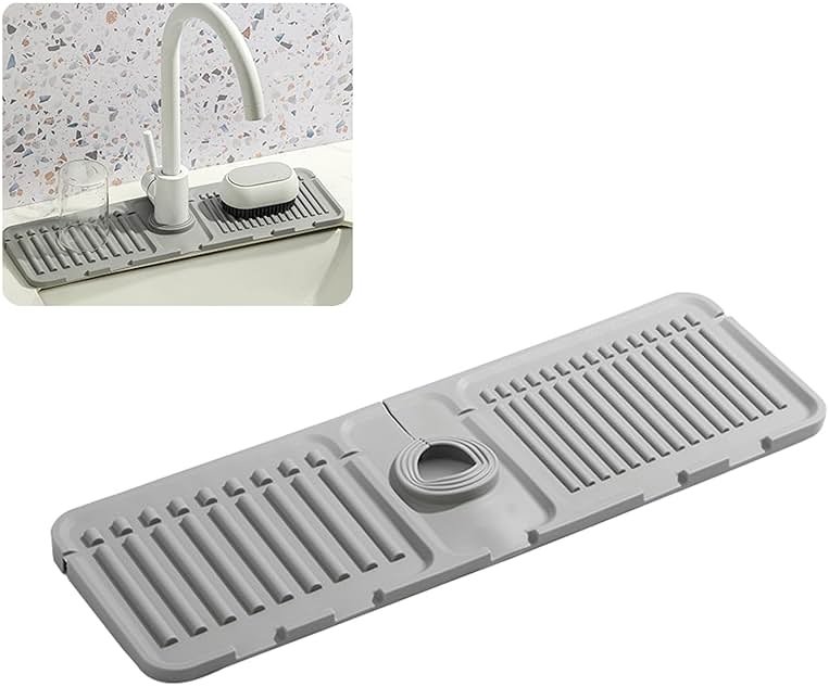 Swicado Faucet Mat for Kitchen Sink - 2024 Upgraded Premium Silicone Splash Guard with Fast Drying Properties - Protective Sink Tray Ideal for Stone Sinks in Kitchen & Bathroom (1, Gray) - Product Image