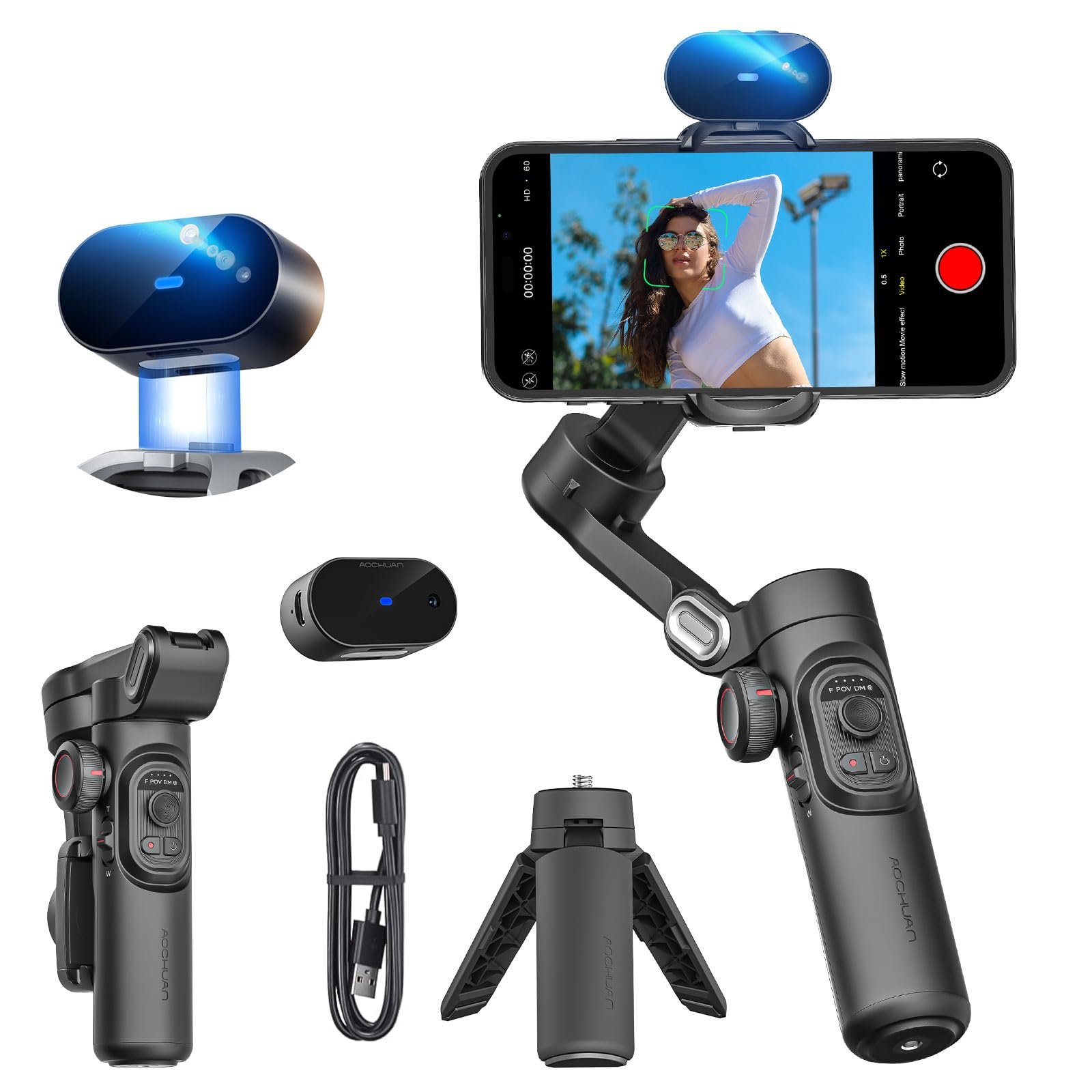 AOCHUAN XE AI Version,Gimbal Stabilizer for Smartphone,NO APP AI Tracking, Gesture Control,360°Inception Gimbal with TikTok YouTube,3-Axis Foldable Handheld Tripod for iPhone& Android,Black - Product Image